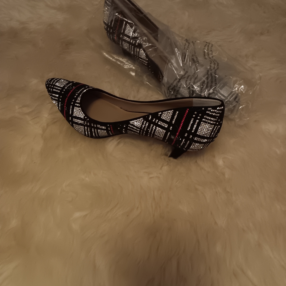 Black Plaid Pointed-Toe Kitten Heels